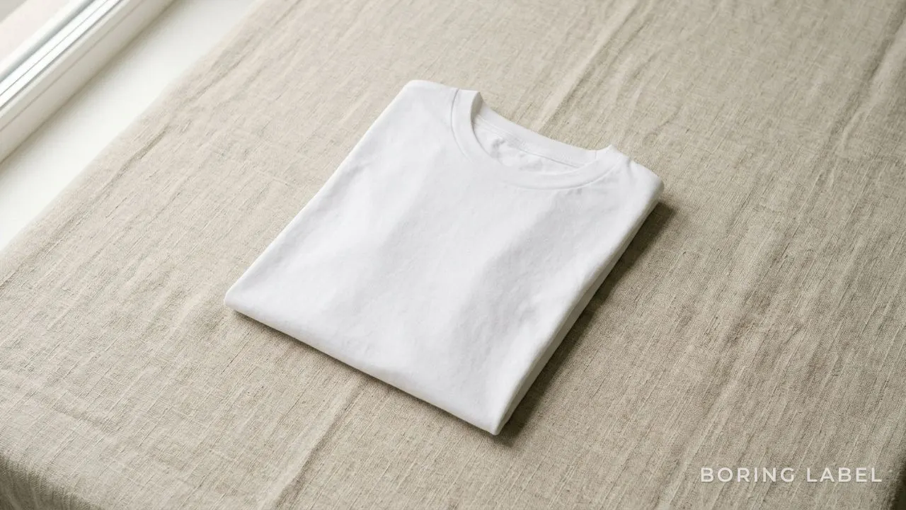 A neatly folded white t-shirt resting on a pale linen surface in bright soft daylight, crisp clean cotton, gentle shadows, generous empty space, serene minimalist product photograph