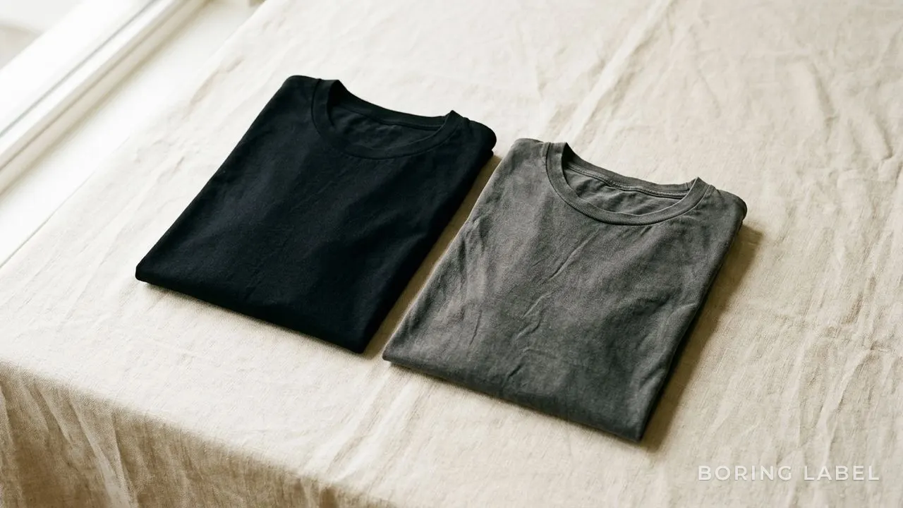 A deep-black folded cotton tee resting beside a sun-faded greyish one on a cream linen surface, soft daylight, minimalist editorial still life, generous negative space, no text or logos
