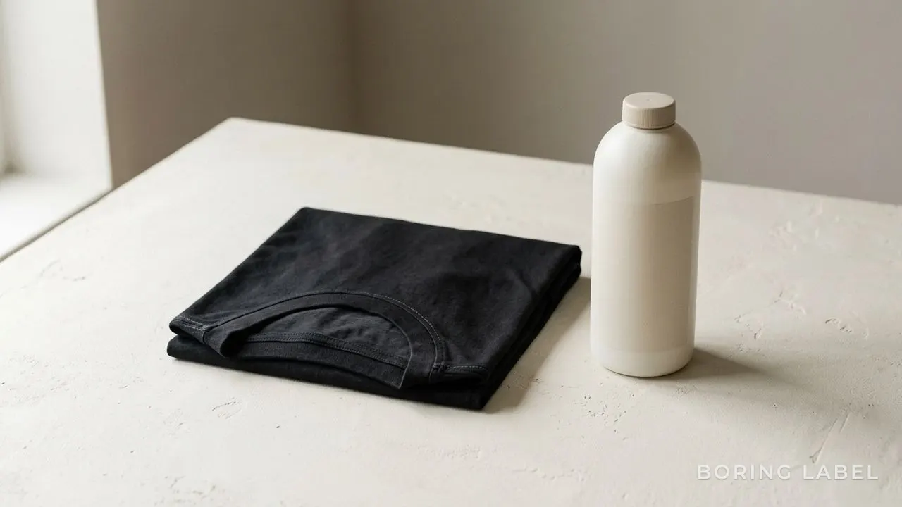 A black tee turned inside out and folded neatly next to a closed bottle of mild detergent on a pale neutral surface, soft window light, minimalist editorial still life, no people or text