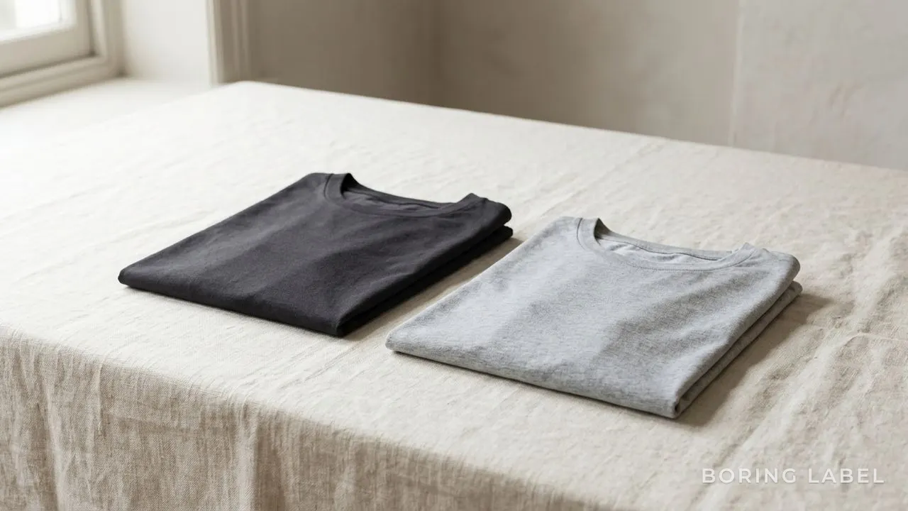 Two neatly folded cotton tees on cream linen in soft daylight, one deep charcoal and one a paler washed grey, calm minimalist editorial still life, plenty of negative space, no people, no text