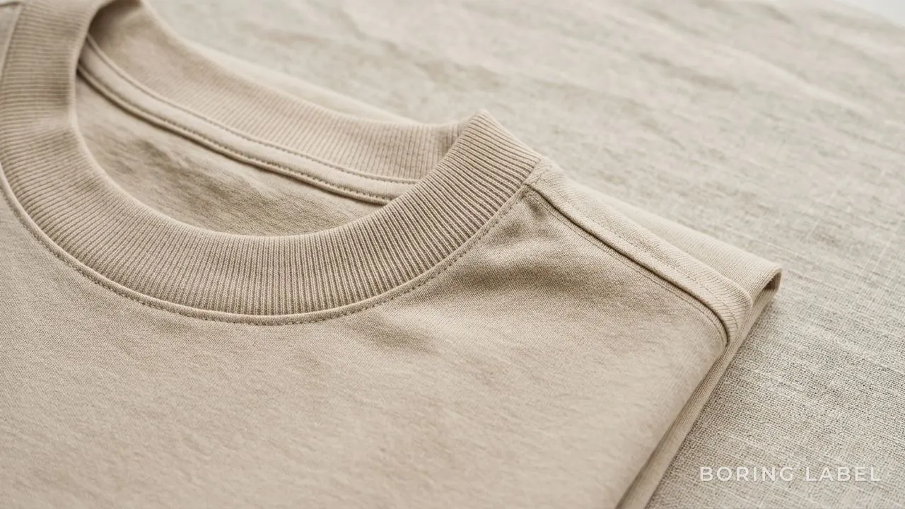 Close-up of a ribbed crew-neck collar on a folded plain cotton t-shirt, soft natural light, neutral oatmeal tone, showing dense even rib knit and a flat shoulder join