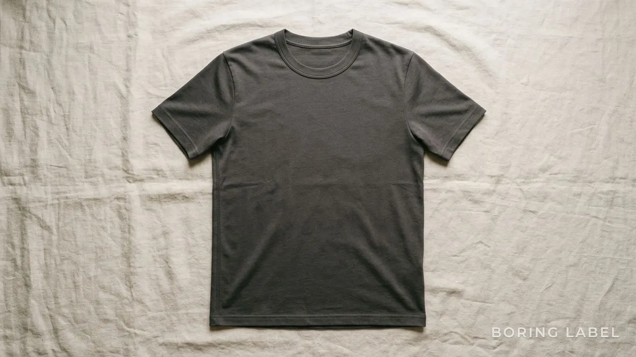 A plain mid-weight t-shirt laid flat on a pale linen surface, side seam running straight from armpit to hem, shot from above in soft daylight, muted earthy tones
