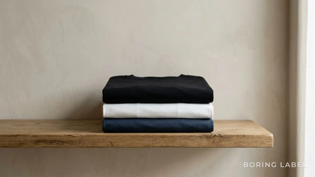 A neat stack of folded plain t-shirts in deep black, soft white and slate navy on a wooden shelf, even rich colour, calm directional light, minimalist still life