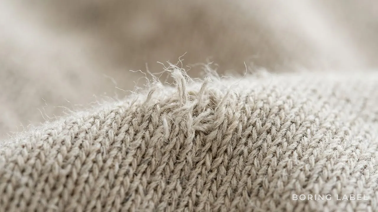 Extreme macro of plain cotton jersey knit showing loose short fibre ends lifting from the yarn, soft natural light, neutral oatmeal tone, calm still-life