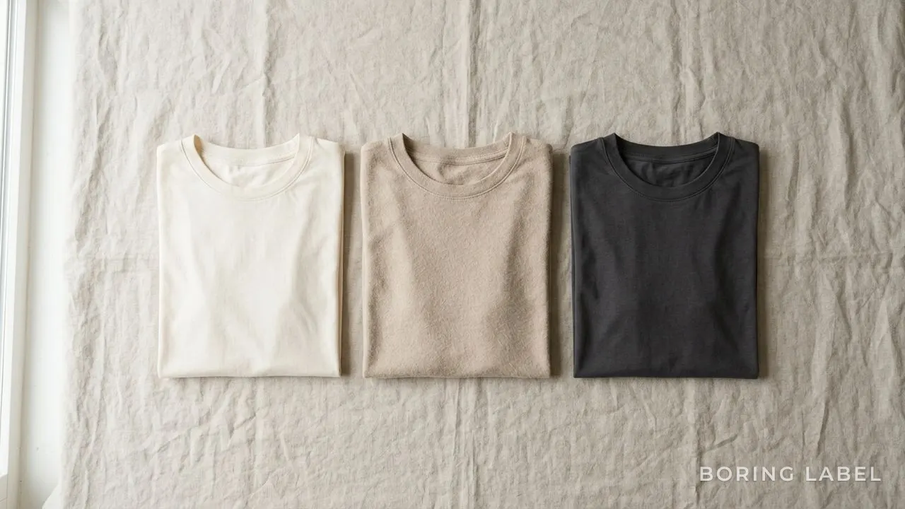 Neutral flat-lay of three folded plain tees on pale linen, one with subtle surface fuzz, one smooth, soft diffused daylight, earthy palette, no text