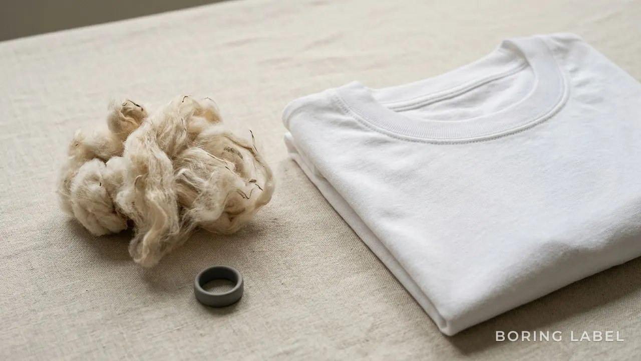 Close-up of long-staple raw cotton fibres beside a smooth folded white tee, warm soft daylight, neutral cream and sand tones, quiet editorial still-life