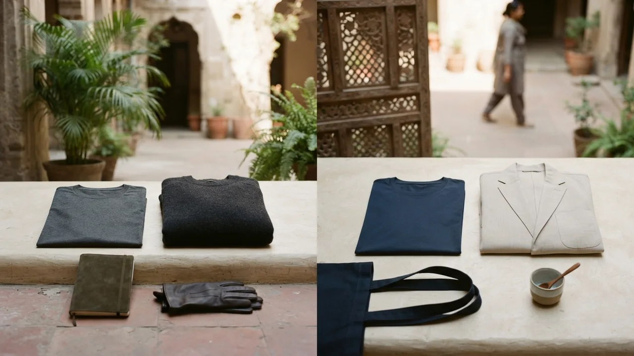 Two flat lays side by side, left showing a heavier charcoal tee with a wool sweater for dry cold, right showing a lighter navy tee with a light jacket for humid mild cold, neutral studio light